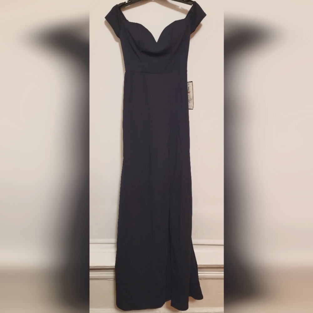 Long Navy Off The Shoulder Gown